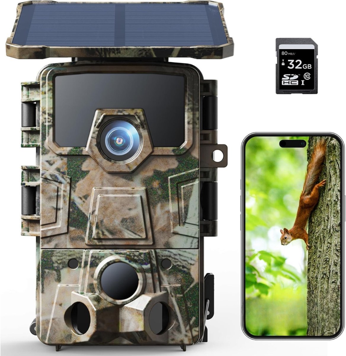 YOR® Wildcamera met Nachtzicht en Wifi – Buitencamera met sd Kaart 32 gb - Wildcamera voor Buiten 4K – Zonne-Energie – Nachtcamera Buiten Dieren - Wildlife Camera’s – Infraroodcamera – Nachtcamera Wild Camera - Camouflage - 10cm x 8cm x 14cm