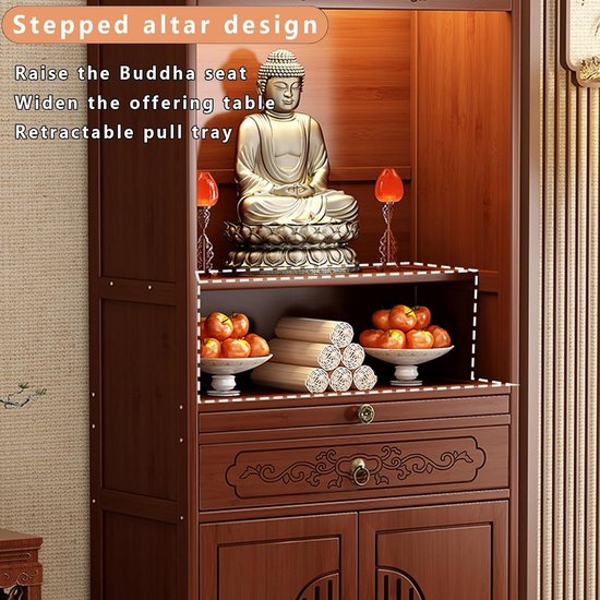 Meditatie Altaar Tafel - Boeddhistische Kast - Rituele Ruimte Creëren - Met Dubbele Deuren - 68 cm - Walnoot — afbeelding 5