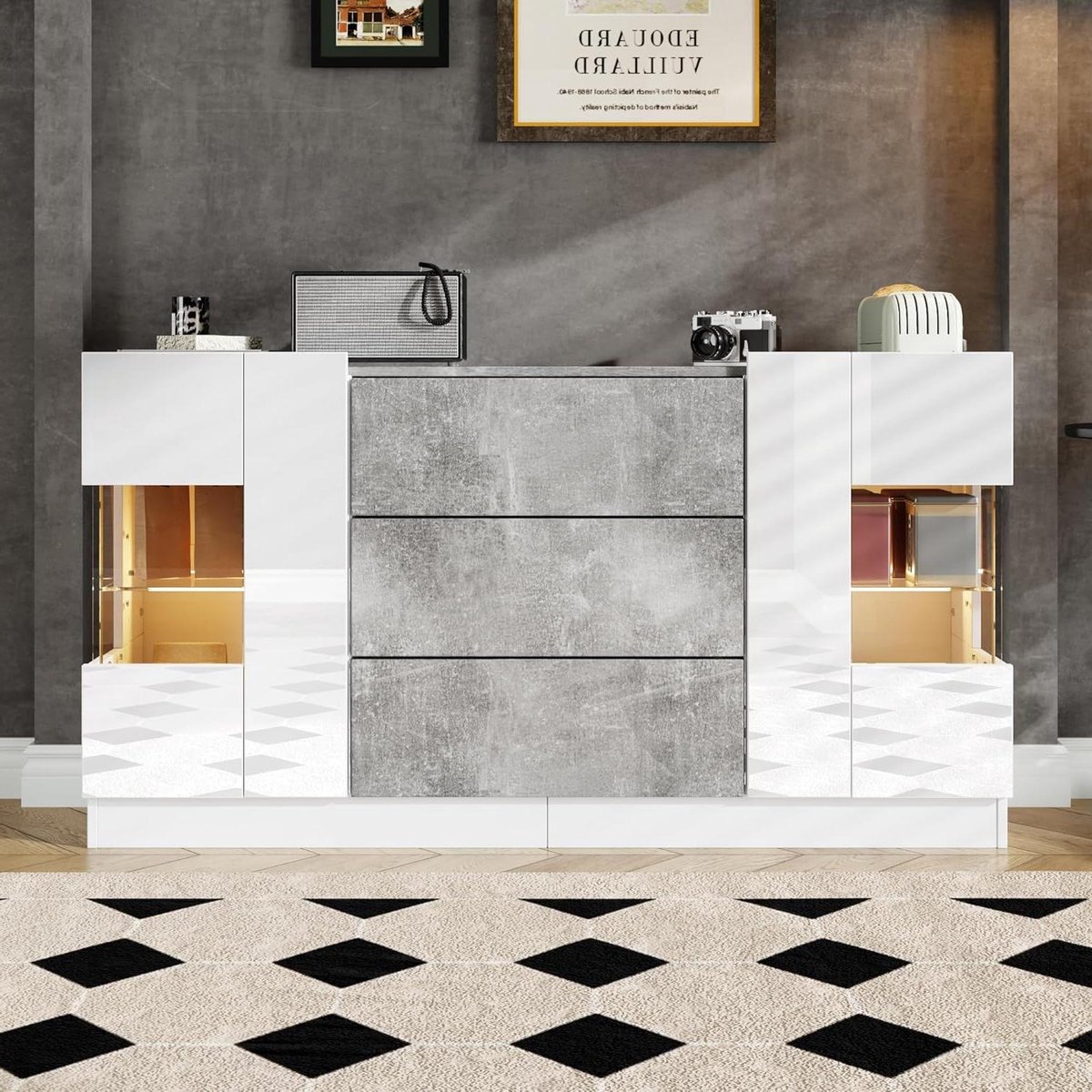 Dressoir met LED - Commode Zijkast - Opbergen Servies - Glazen Front - 140 cm - Grijs Marmerlook
