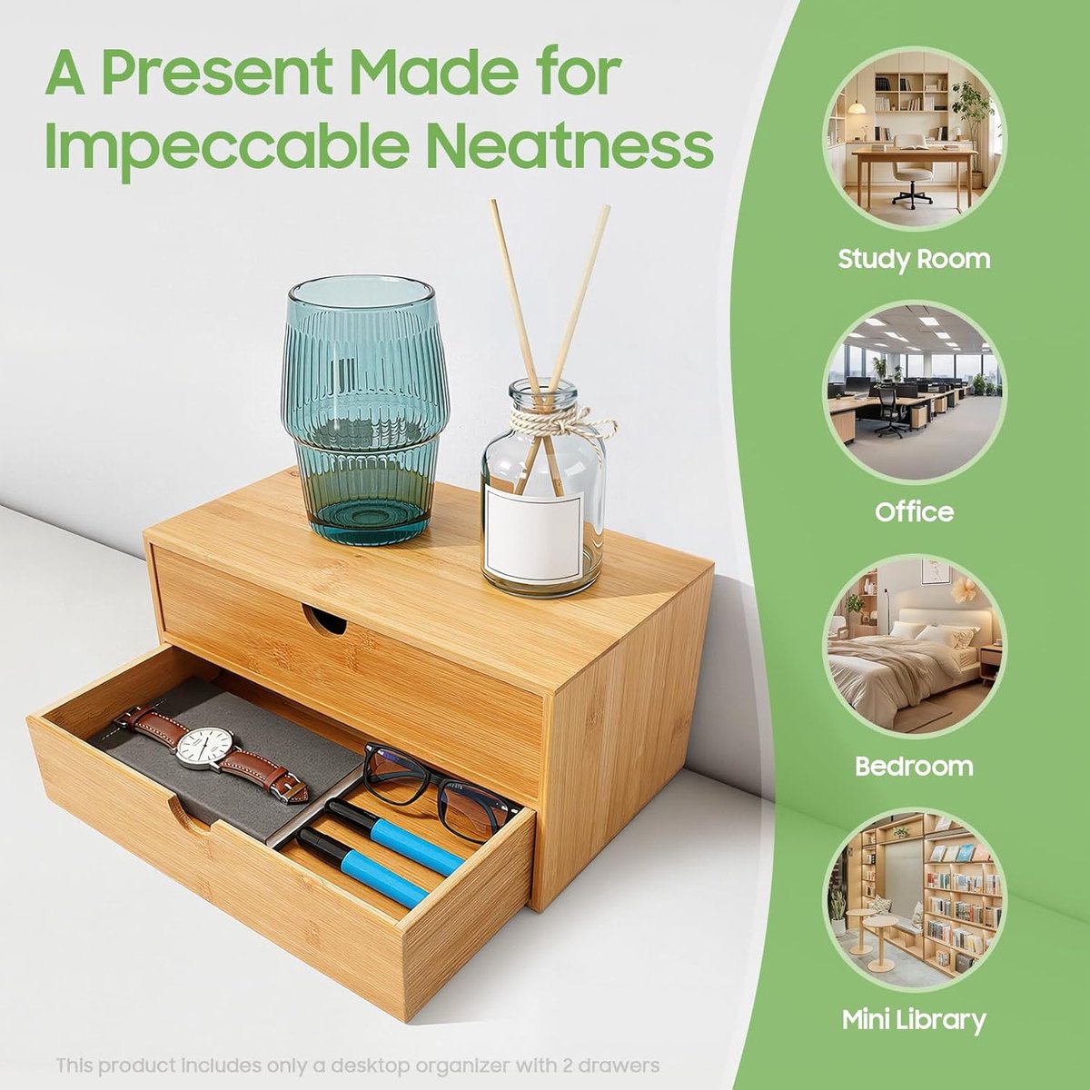 Bureau Organizer - Opbergdoos Lade - Kantoor Organiseren - Natuurlijke Bamboe Look - 2 Laden - Natuurlijk — cadeau in Wonen & Interieur - foto 5