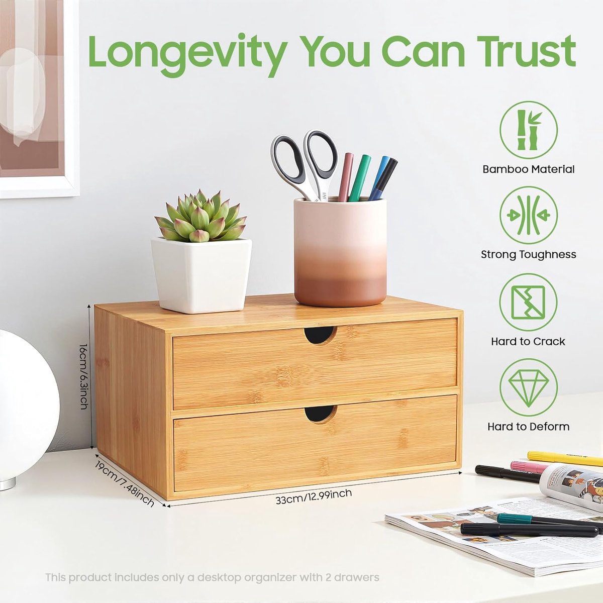 Bureau Organizer - Opbergdoos Lade - Kantoor Organiseren - Natuurlijke Bamboe Look - 2 Laden - Natuurlijk — cadeau in Wonen & Interieur - foto 6