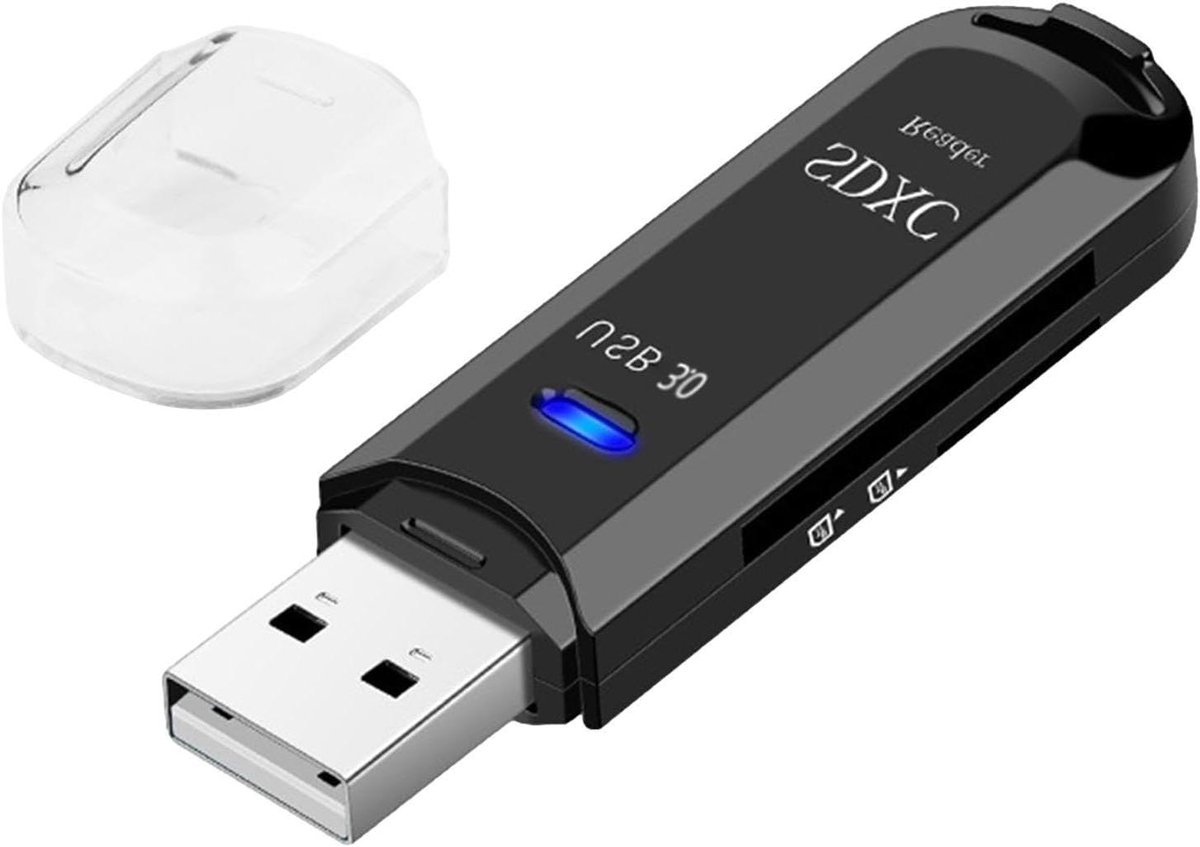 Geheugenkaartlezer - Kaartlezer USB - Bestanden Overzetten - Transparante Beschermkap - 60 x 17 x 10 mm - Zwart