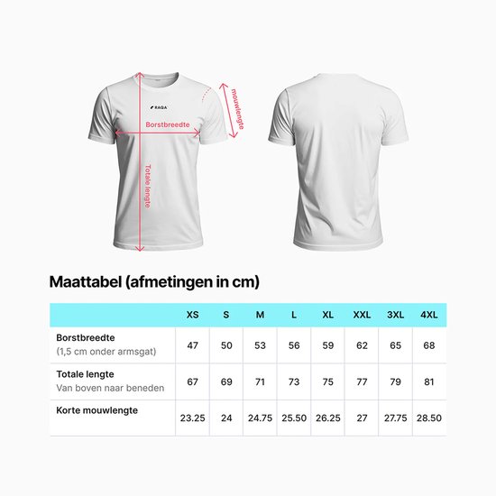 Maattabel in cm voor het RAQA sportshirt met borstbreedte, totale lengte en mouwlengte.