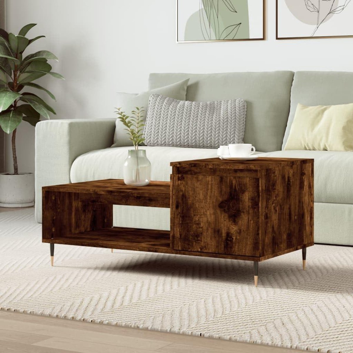 Salontafel - Bijzettafel Woonkamer - Woonkamer Inrichten - Met Opbergvakken En Deur - 100x50x45 cm - Gerookt Eiken