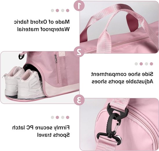 Dailygoods - Dailygoody - Sporttas - Waterdichte trainingstas - Met schoenenvak - Roze - Weekendtas - Voor sport en yoga - Uniseks van Dailygoods — afbeelding 3