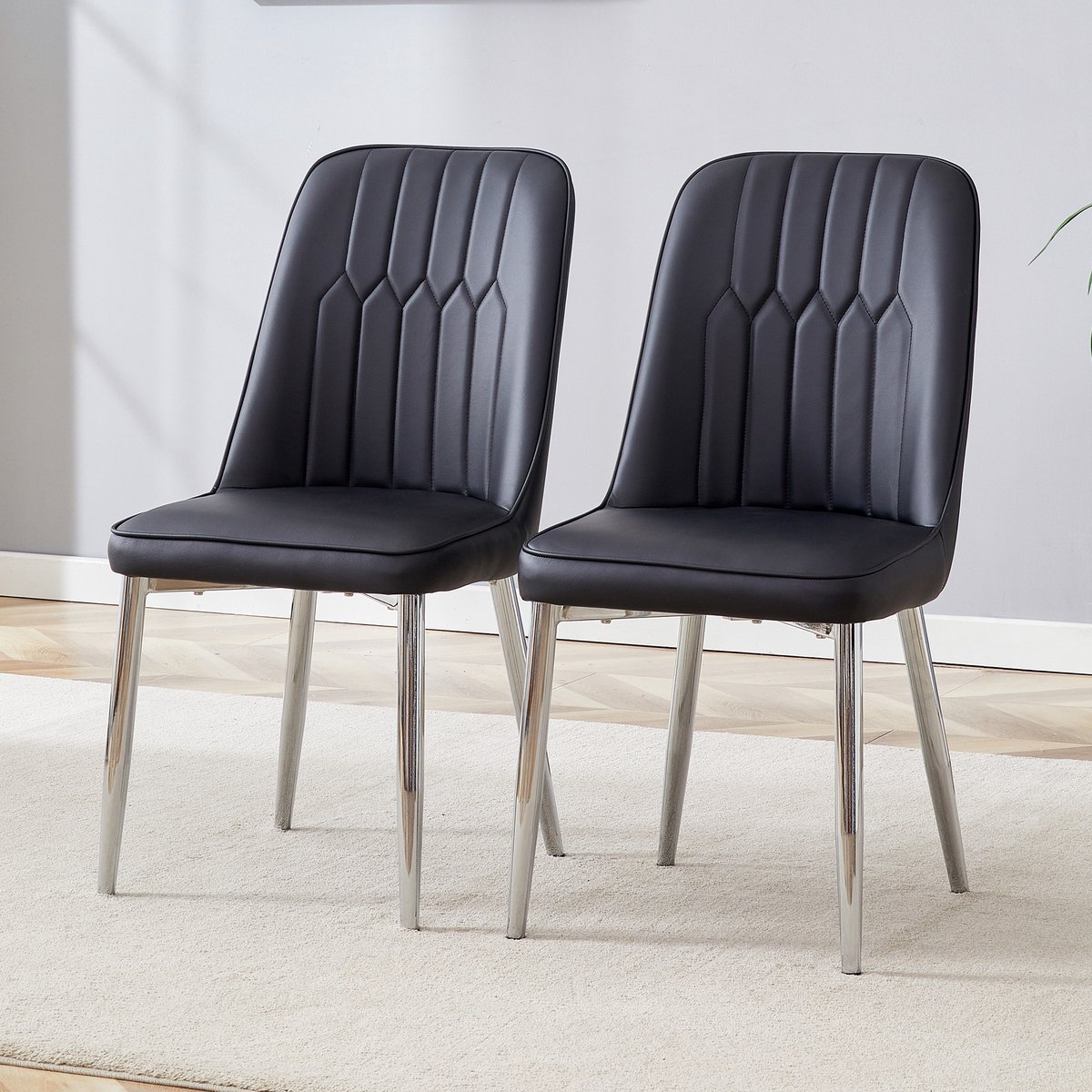 Clruro Eetkamerstoelen - Set van 2 - Eetkamerstoel Minimalistisch Verbrede Zitting - Modern Design Geschikt voor Keuken en Eetkamer - Kunstleer Metaal - Zwart Zwart+Zilver