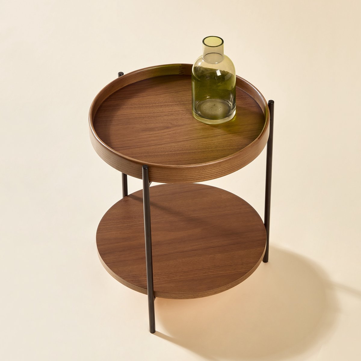 MODENUIT Salontafelset - Rond 2-Laags Ontwerp Voor Woonkamer - Massief Hout, MDF En Zwart Metaal - Walnoot Okkernoot