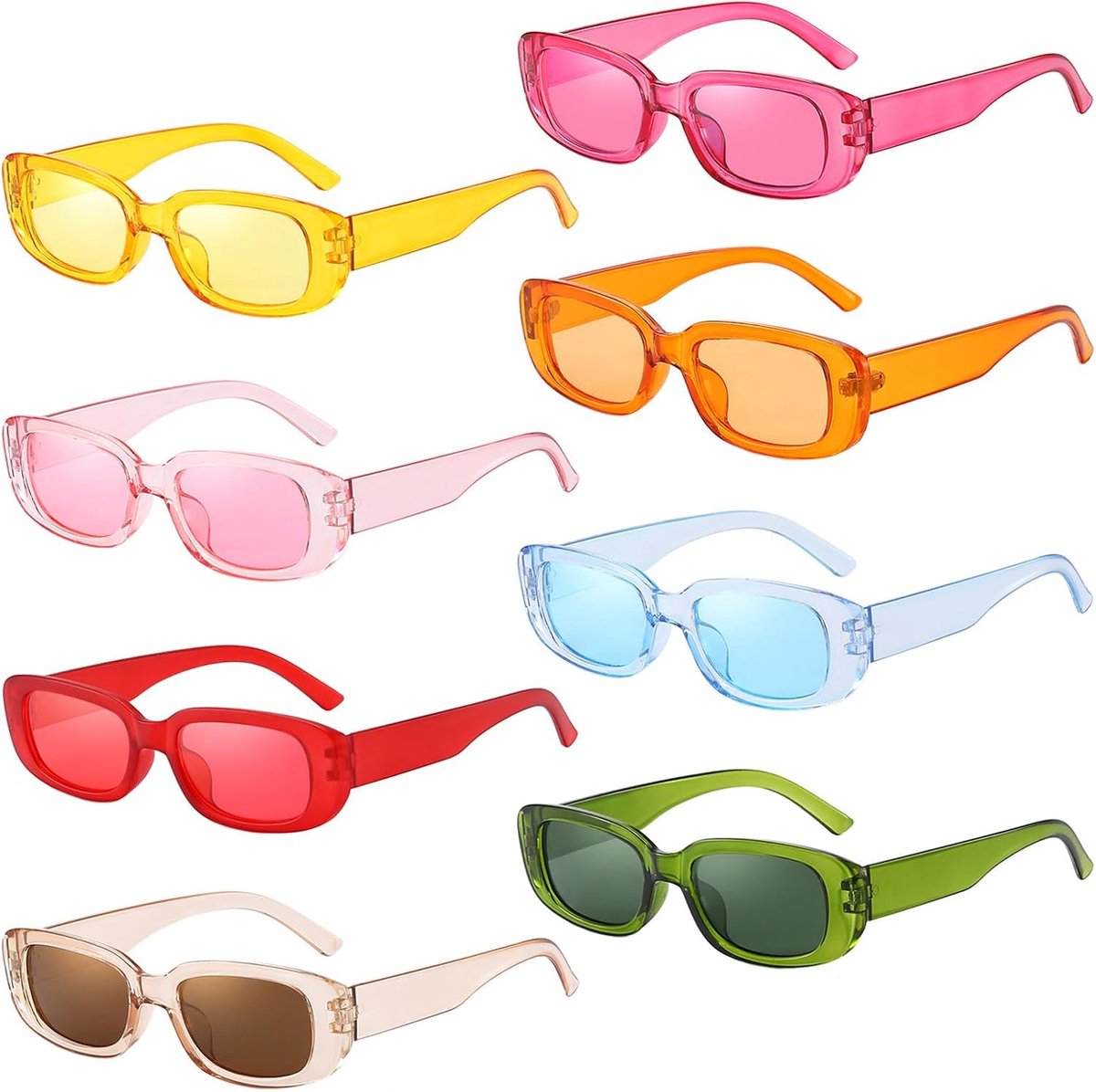 Set van 8 kleurrijke, kleine rechthoekige feestzonnebrillen, retro smalle vierkante brillen, unisex.