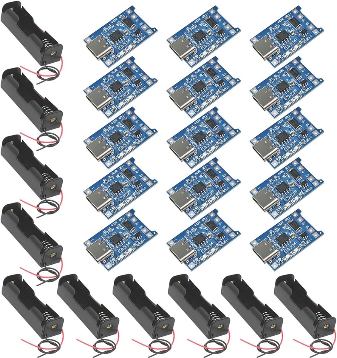 10 Stuks 3.7V 18650 Batterijhouder met Draad, Enkel Slot + 15 Stuks Type-C USB 5V 1A Oplader voor Lithium Batterijen met Dubbele Bescherming Functies