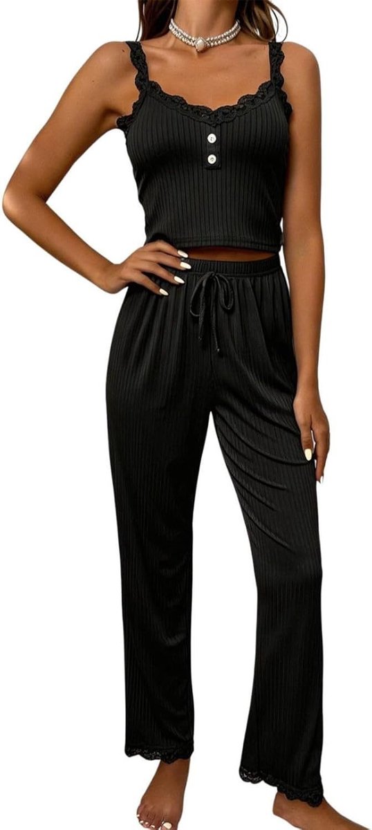 Elegante Dames Pyjama Set met Kanten Top en Lange Broek voor Comfortabele Nachtkleding en Zomer Leefstijl