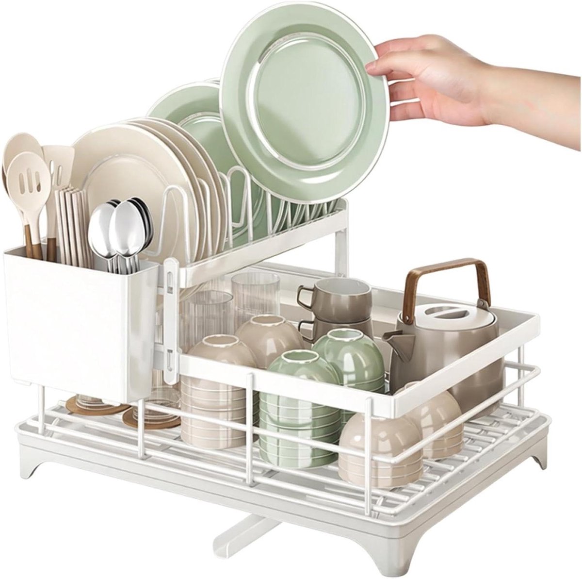 Afdruiprek Keuken - Vaatrek Organizer - Aanrecht Opruimen - Dubbellaags Ontwerp - 39x28cm - Wit