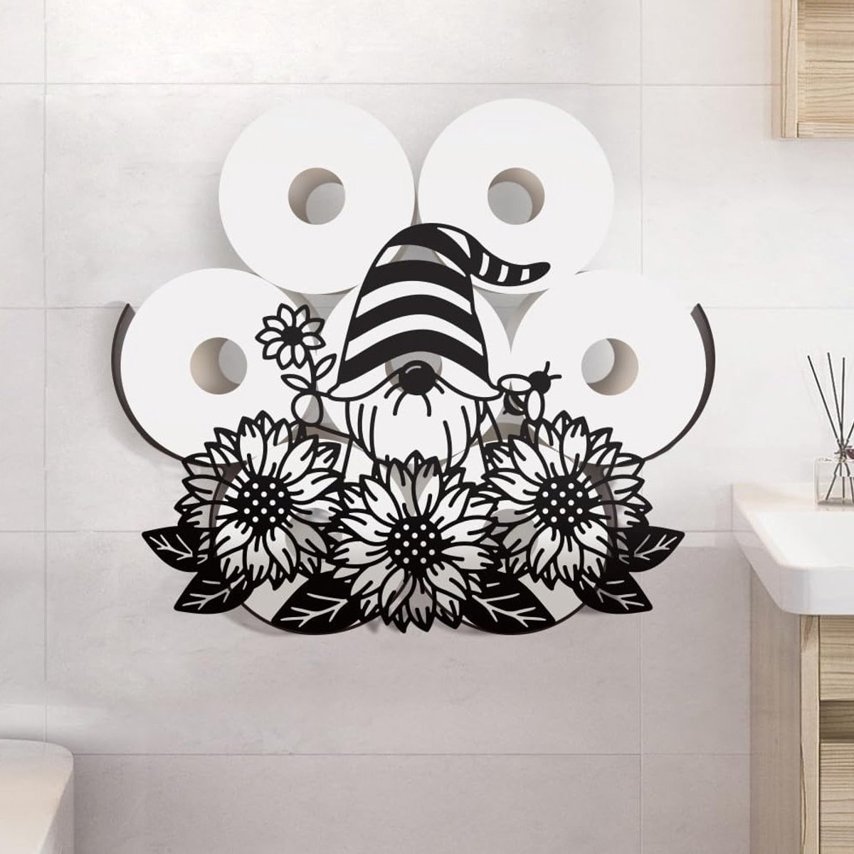 Decoratieve Metalen Toiletpapierhouder in de Vorm van een Bij - Vrijstaand en Geschikt voor 8 Extra Rollen - Grappige Wandorganizer voor de Badkamer