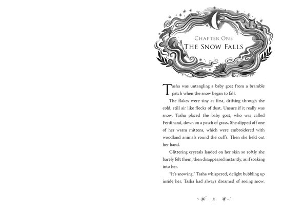 Een sierlijk kader met winterse elementen en de tekst 'Chapter One The Snow Falls'.