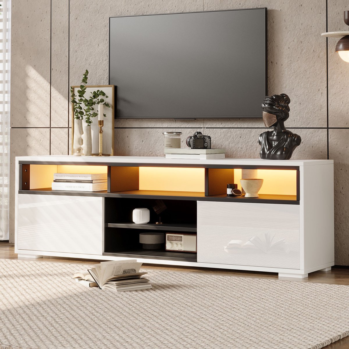 Clruro TV-Meubel - 150 x 35 x 50 cm - 8 Opbergvakken en 2 Deuren met LED - Hoogglans Spaanplaat - Wit