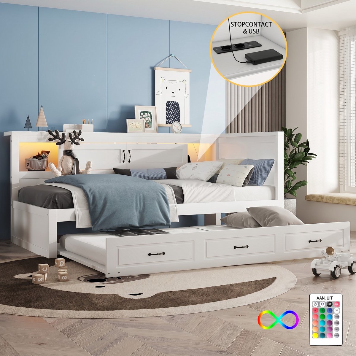 VVBV Slaapbank 90x200 – Daybed – met Uitschuifbed, Opbergruimte, LED-Verlichting, USB, Stopcontact en Zonder Matras – Wit – Lades – Bed 90x200 White