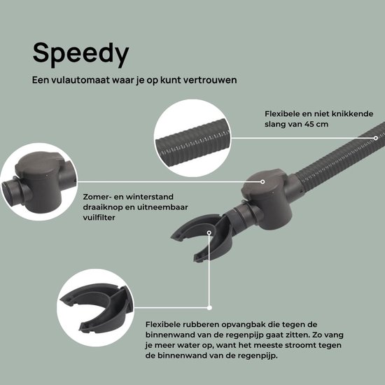 Raccords de descente de gouttière gris avec tuyau flexible, bac de récupération et filtre.