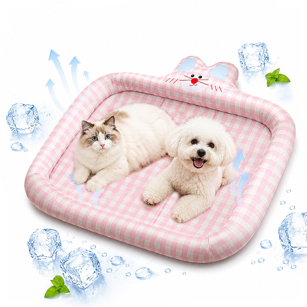 Koelmat voor Honden - Zelfkoelende Hondenmat Zomer Koelkussen - Huisdierenbed In Konijn Vorm - IJs Zijde - Hoge Rand - PP Katoen Vulling - Antislip Bodem - Voor Katten/Kleine Honden - Roze Ruitpatroon - 45x39cm - 1 Stuk