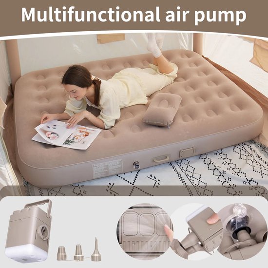 Opblaasbaar Campingbed 1 Persoons - Luchtmatras met Ingebouwde Elektrische Pomp - Slaapmat voor Kamperen en Reizen - Verdikt PVC met LED Verlichting - Bruin - 190 x 100 x 25 cm - Opvouwbaar met Kussen en Opbergtas — afbeelding 2