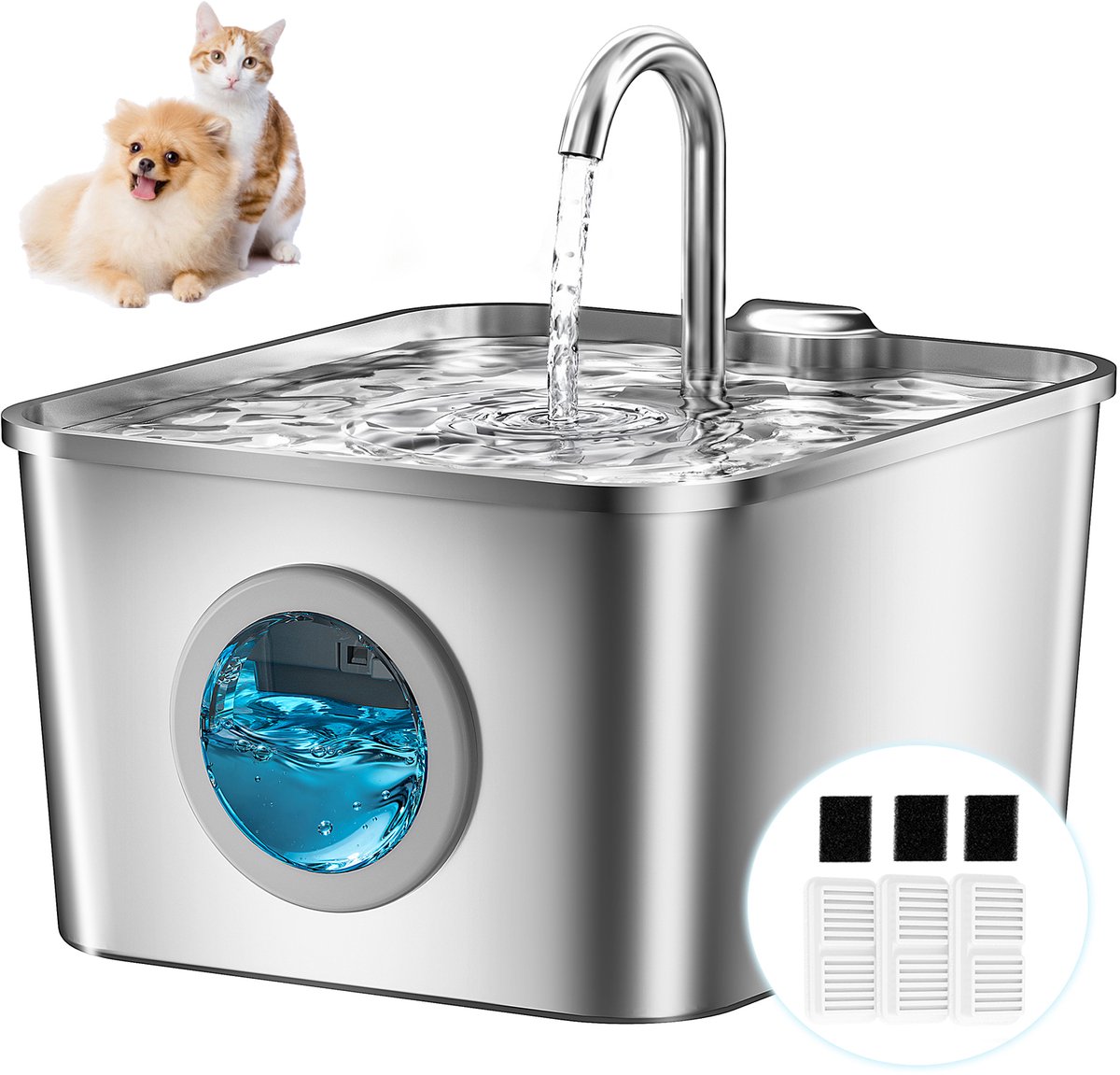 BalimoPet RVS Drinkfontein Kat en Hond - Waterdispenser - Kattenfontein 2.6L - LED-verlichting - Incl. 3 Filters en cleaning tool - Fluisterstil - RVS