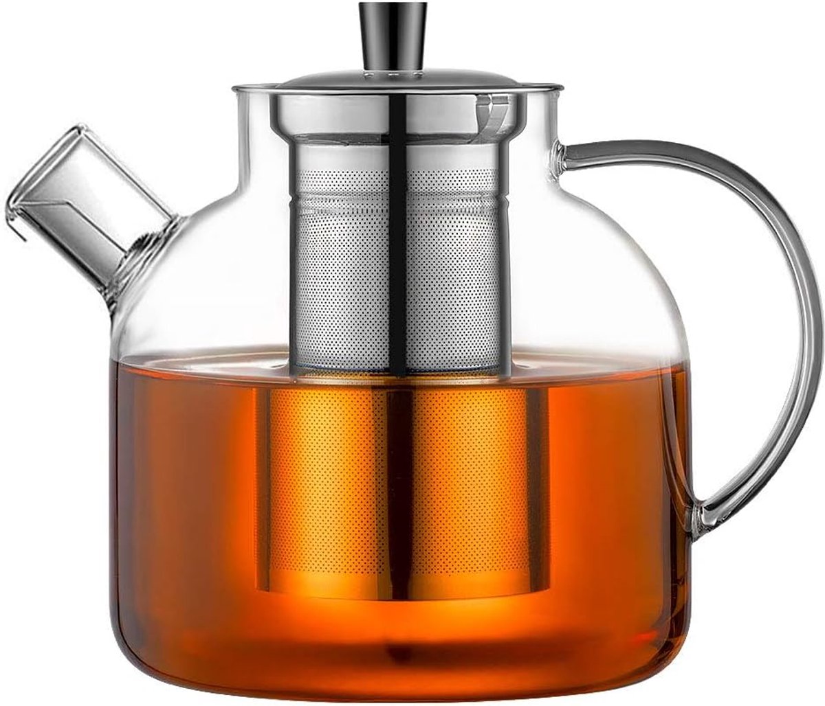 Glazen theepot 1,5 L - met RVS filter - voor losse thee