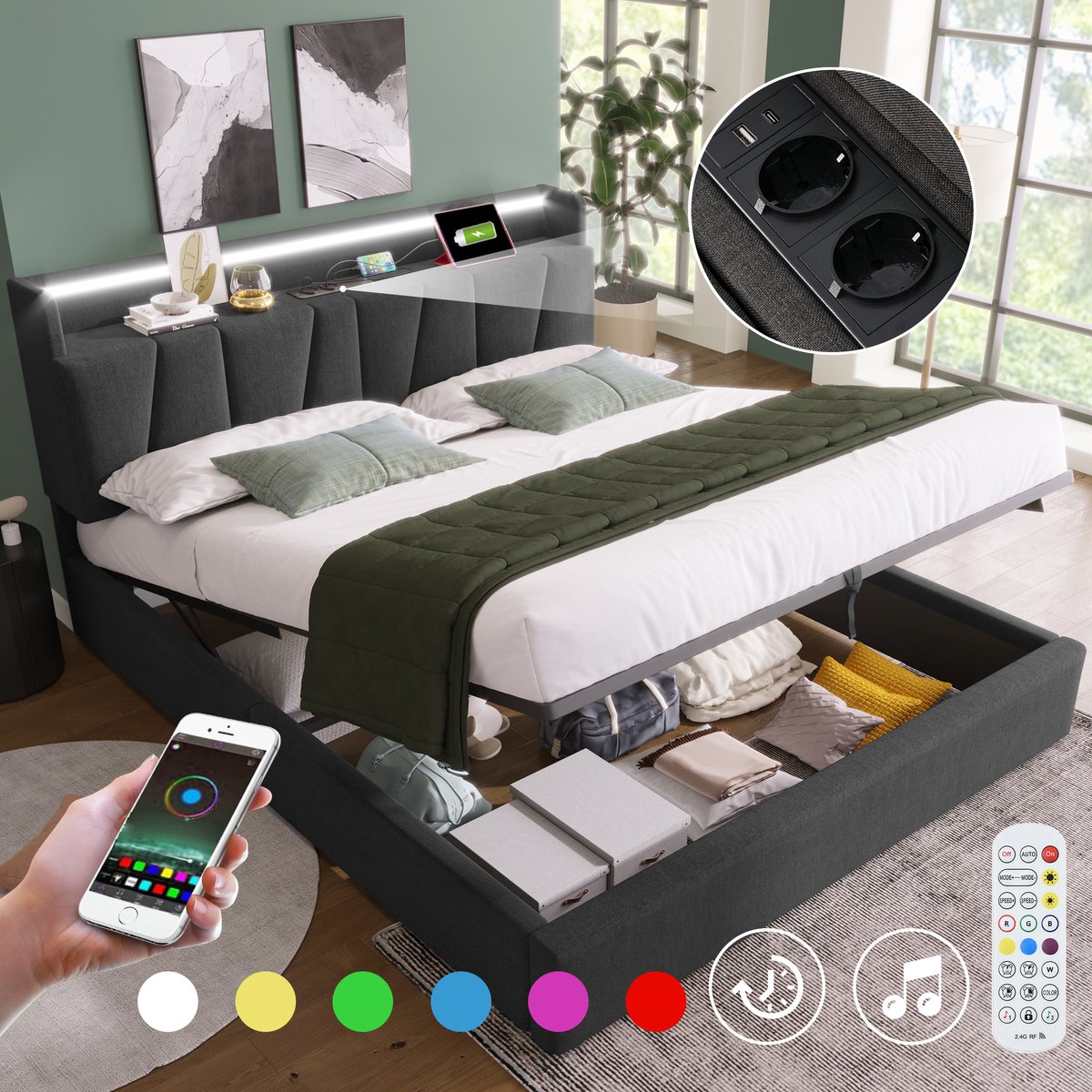 REDOM Gestoffeerd Tweepersoonsbed - Opberghoofdbord Met Stopcontacten En USB-C - Ledverlichting - Linnen - Grijs - 140 X 190 Cm
