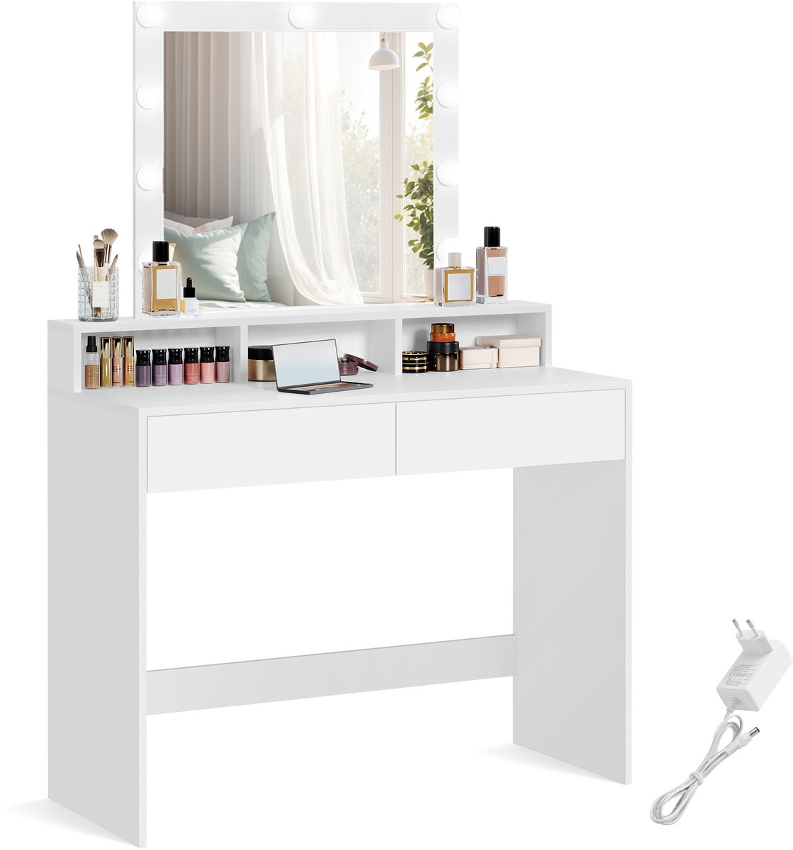 VASAGLE - Kaptafel - Make up tafel - LED - Verstelbare Helderheid - 2 Lades en 3 Open Vakken