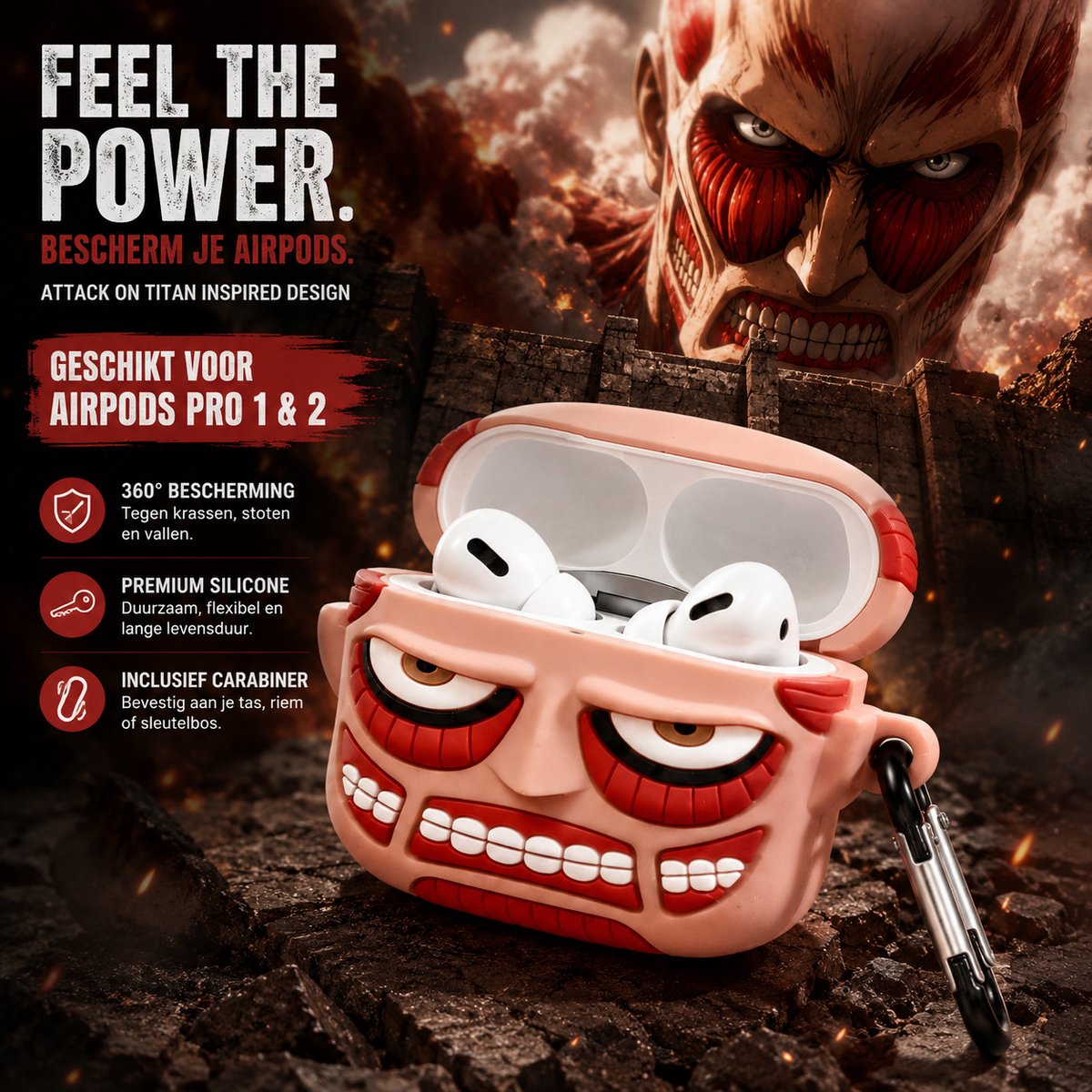 Enluxe Stoere Attack Anime AirPods Pro 2 Case – Zachte Siliconen Beschermhoes met Colossal Titan Design