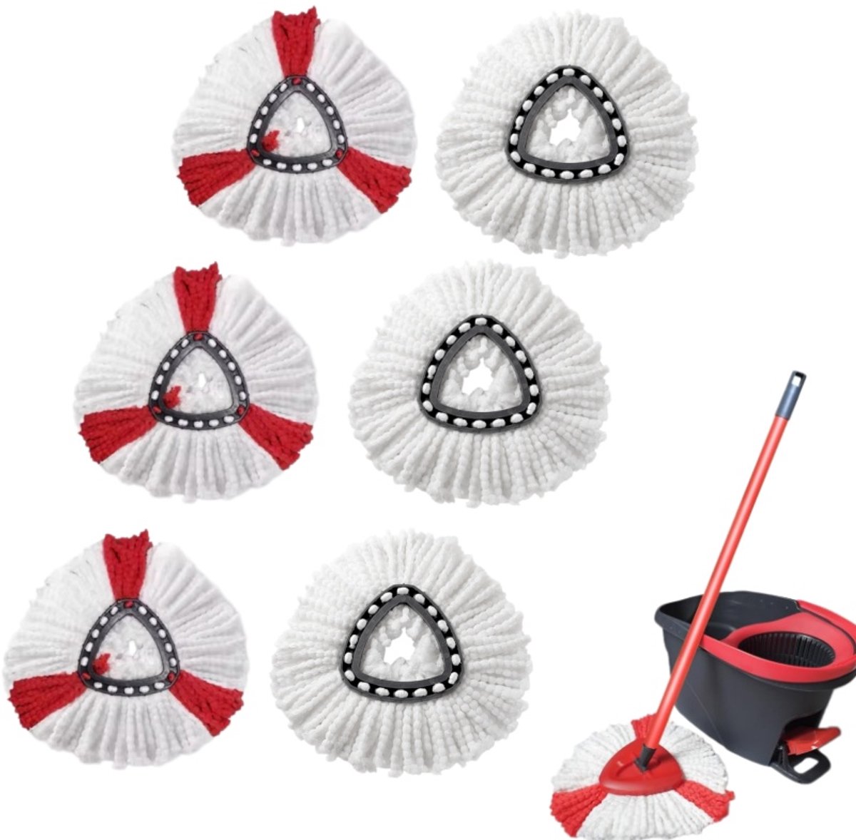 Set van 6 vervangende dweilkoppen - geschikt voor Vileda - Microvezel vervangdweil geschikt voor Vileda Facile - 3pcs * Rood + 3pcs * Wit