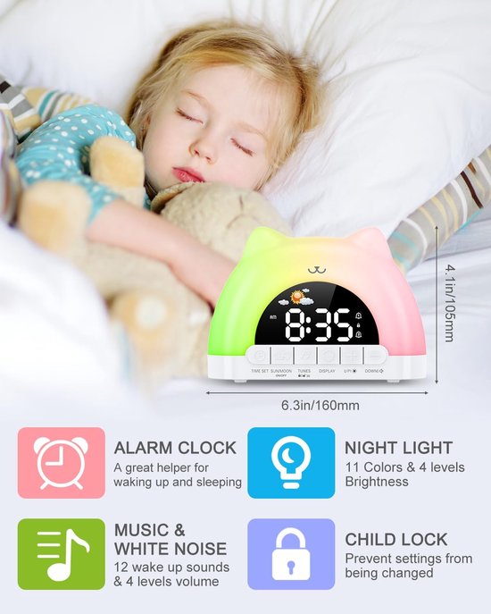 Kinderwekker Slaaptrainer - Nachtlamp Klok - Kind Ontwaken Leren - Zonsopgang Simulatie - 11 Kleuren - Meerkleurig — afbeelding 5