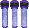 Trois filtres d'aspirateur Dyson violets avec un motif en grille pointillée.