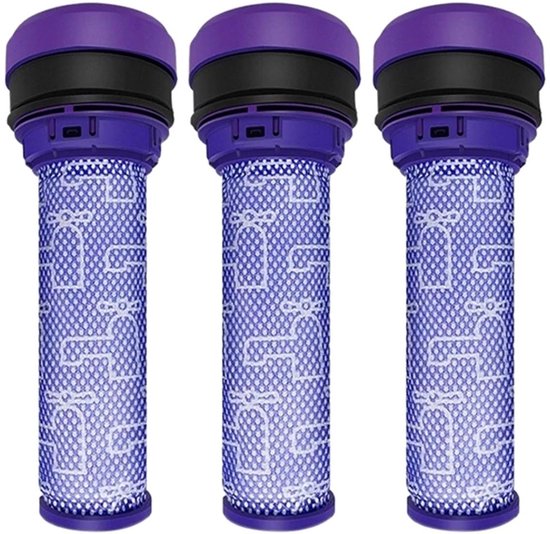 Trois filtres d'aspirateur Dyson violets avec un motif en grille pointillée.