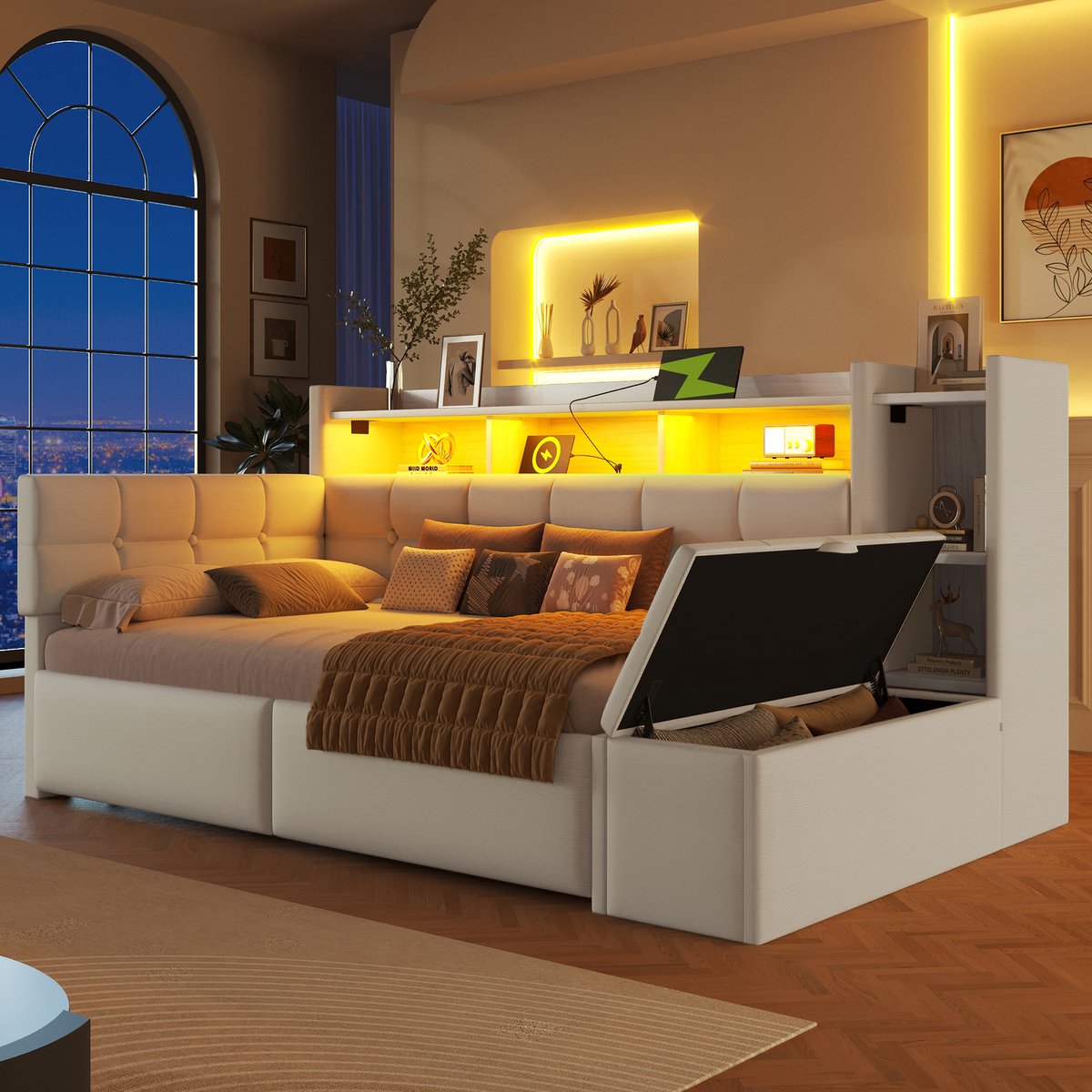 MODFU Bedbank - 2 Lades En Opbergbank - Modern - Met USB En USB-C - Fluweel - Wit - 90 X 190 Cm