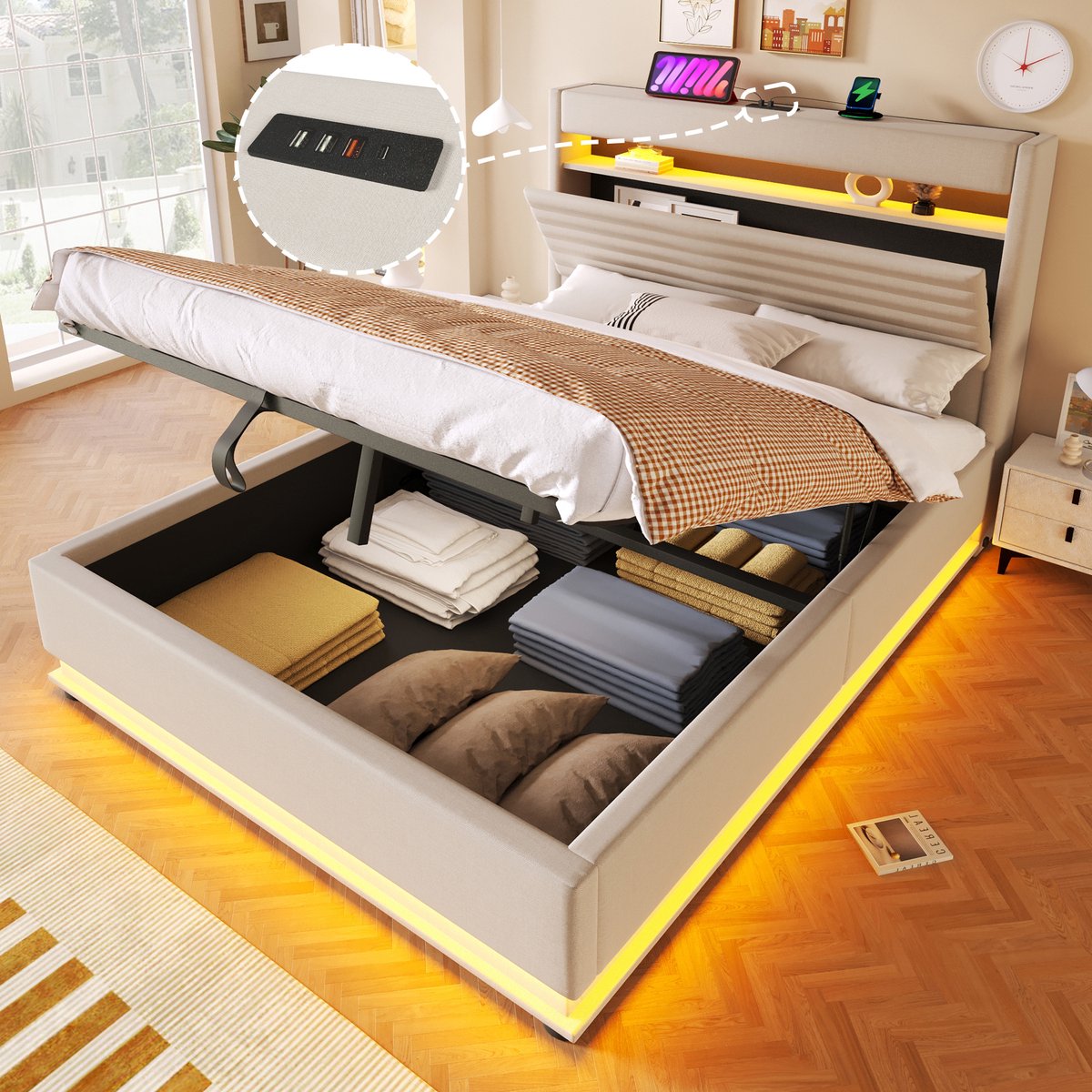 MODFU Gestoffeerd Bed - Met Opbergruimte En LED-Verlichting - Modern - Voor Slaapkamer - Linnen - Beige - 140x200 cm