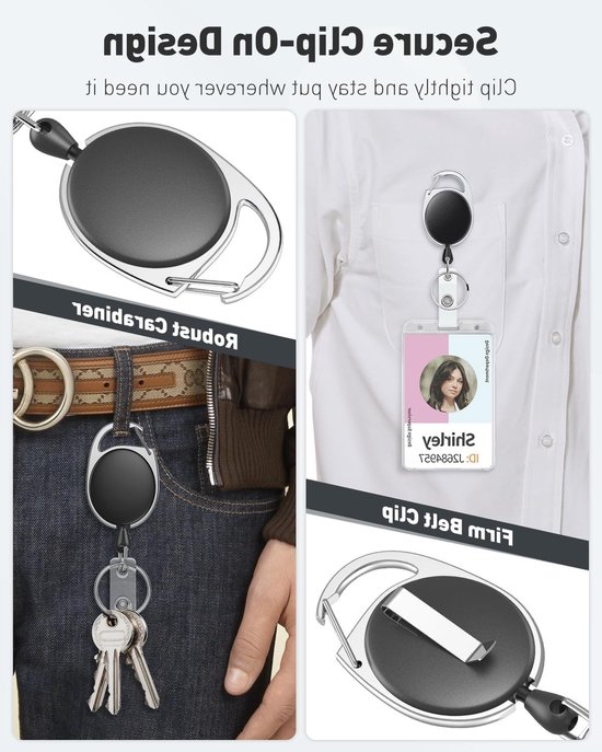 5-Pack Retractable Badge Reel voor ID-Houder - Sterke ABS Behuizing, RVS Veer, 60cm Nylon Touw, Carabiner Clip en Sleutelhanger — afbeelding 3