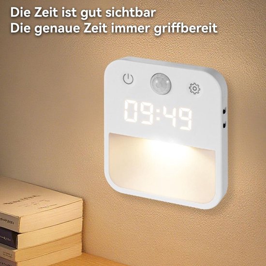 LED-nachtlampje met klok, bewegingssensor, wit/warm licht, dimbaar, stekker en lichtsensor; geschikt voor trappen en slaapkamers. — afbeelding 5