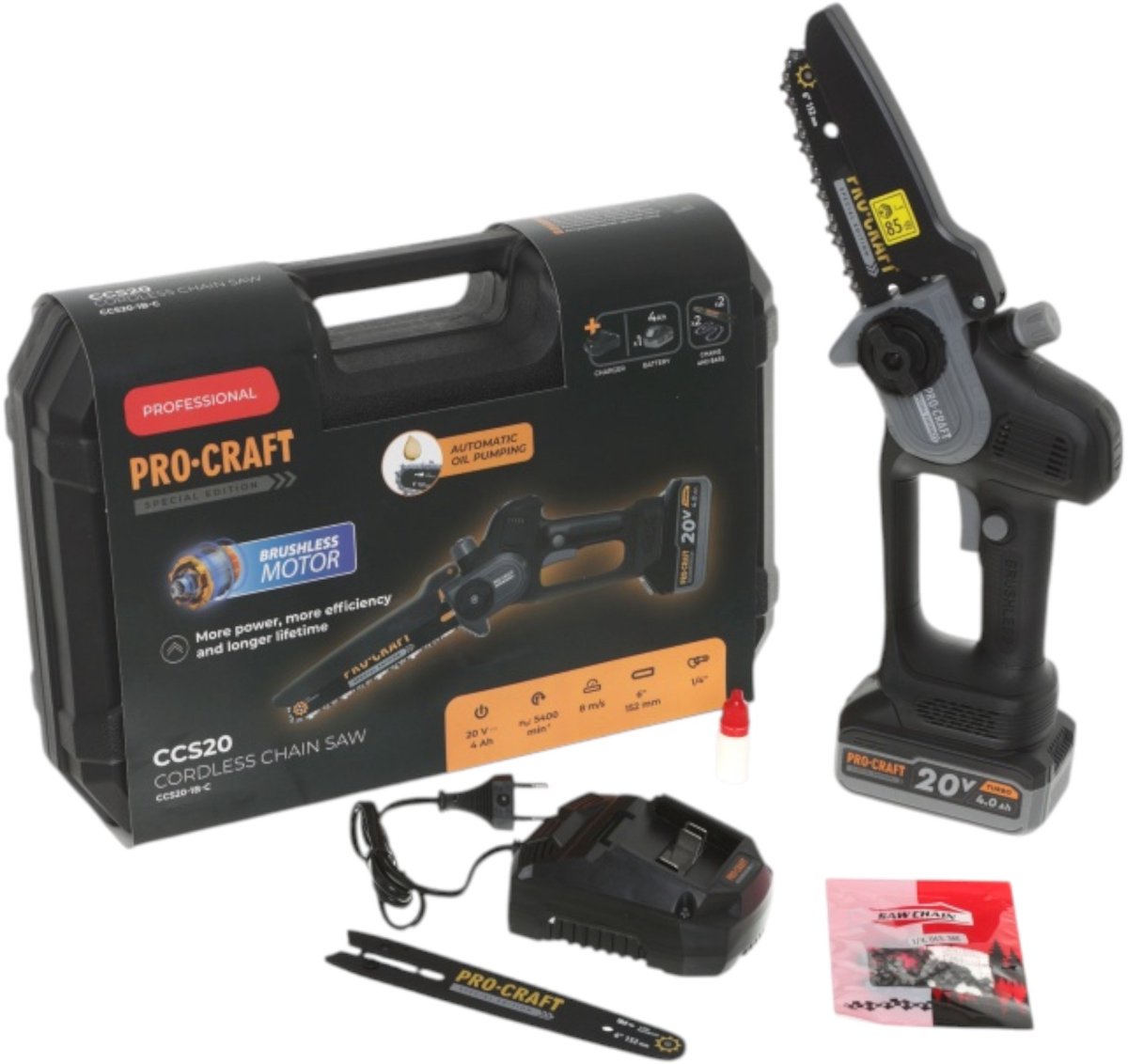 Procraft CCS20 accu-mini-takzaag kettingzaag 20 V 152 mm Brushless Black Edition + 1x accu 4,0 Ah + oplader + koffer
