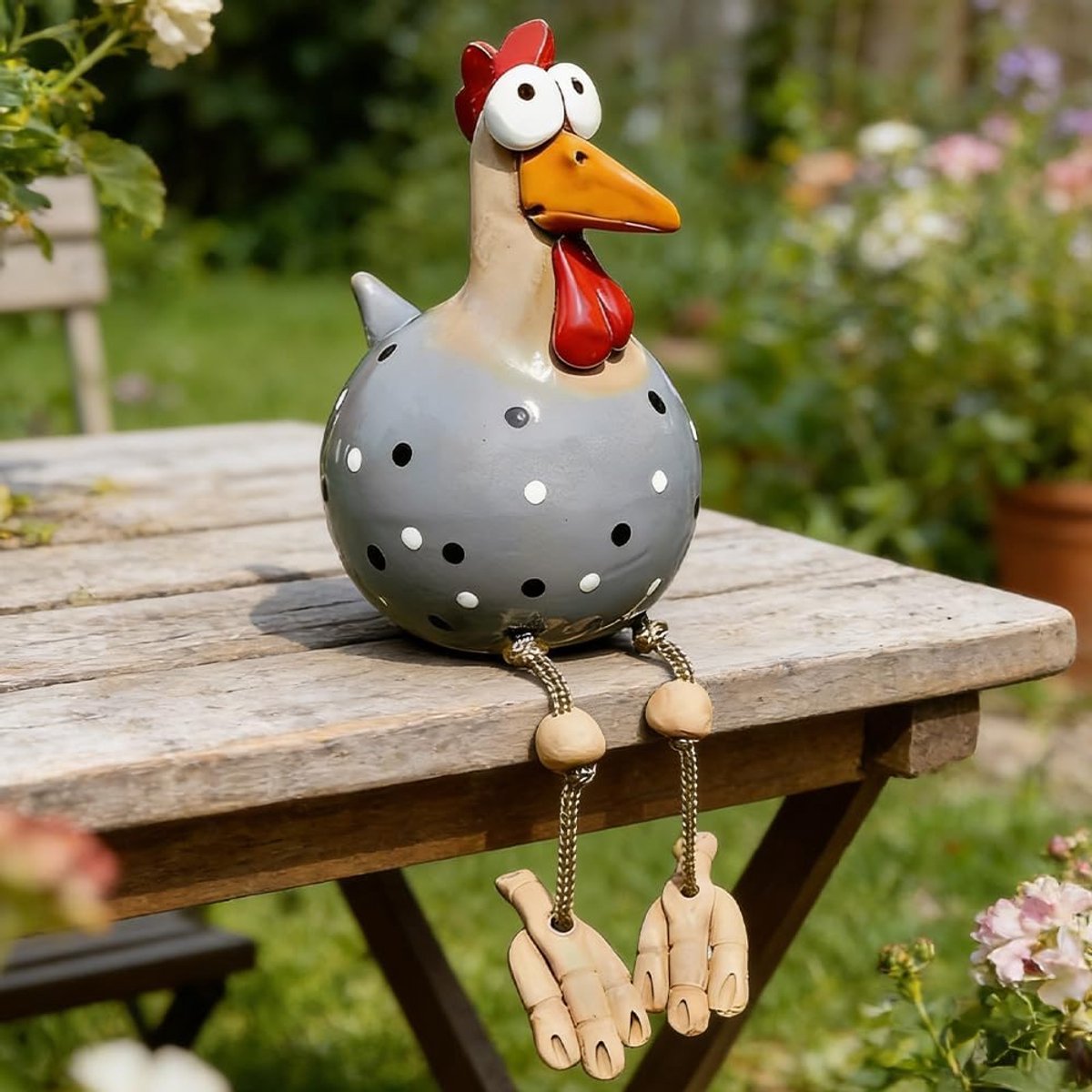 JeiibrZui Handgemaakt Tuinbeeld Haan - 9x9x15 Cm - 1 Stuk - Grijs - Leuke Keramiek Look Hennenfiguur Voor Terras En Bloembak