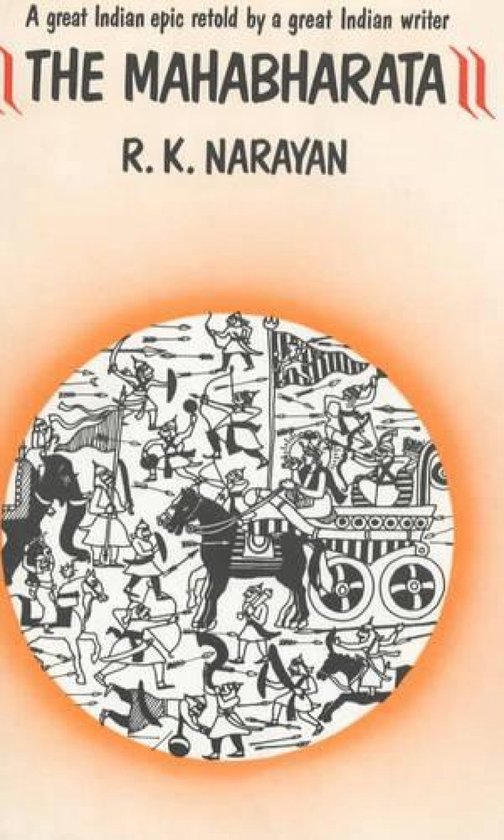 Boekomslag: The Mahabharata door R.K. Narayan met een illustratie van een strijdwagen en krijgers in een cirkel.