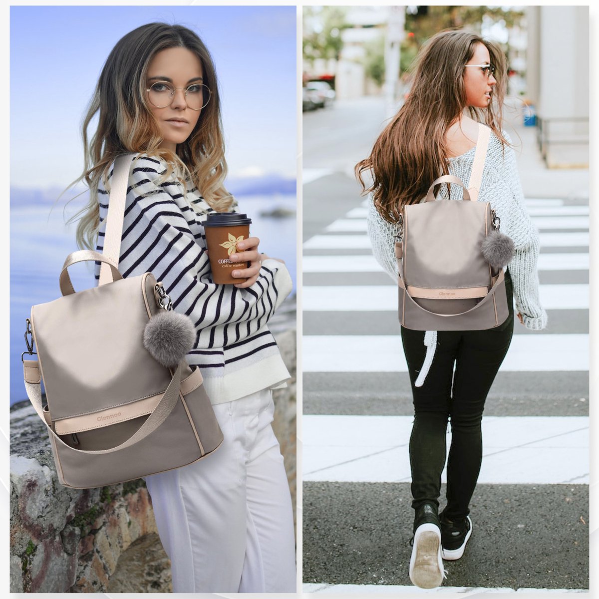 Glennoo Anti-diefstal rugzak - Rugtas dames - Waterdicht - Klein - Anti-theft backpack - Nylon - Beige – foto 4
