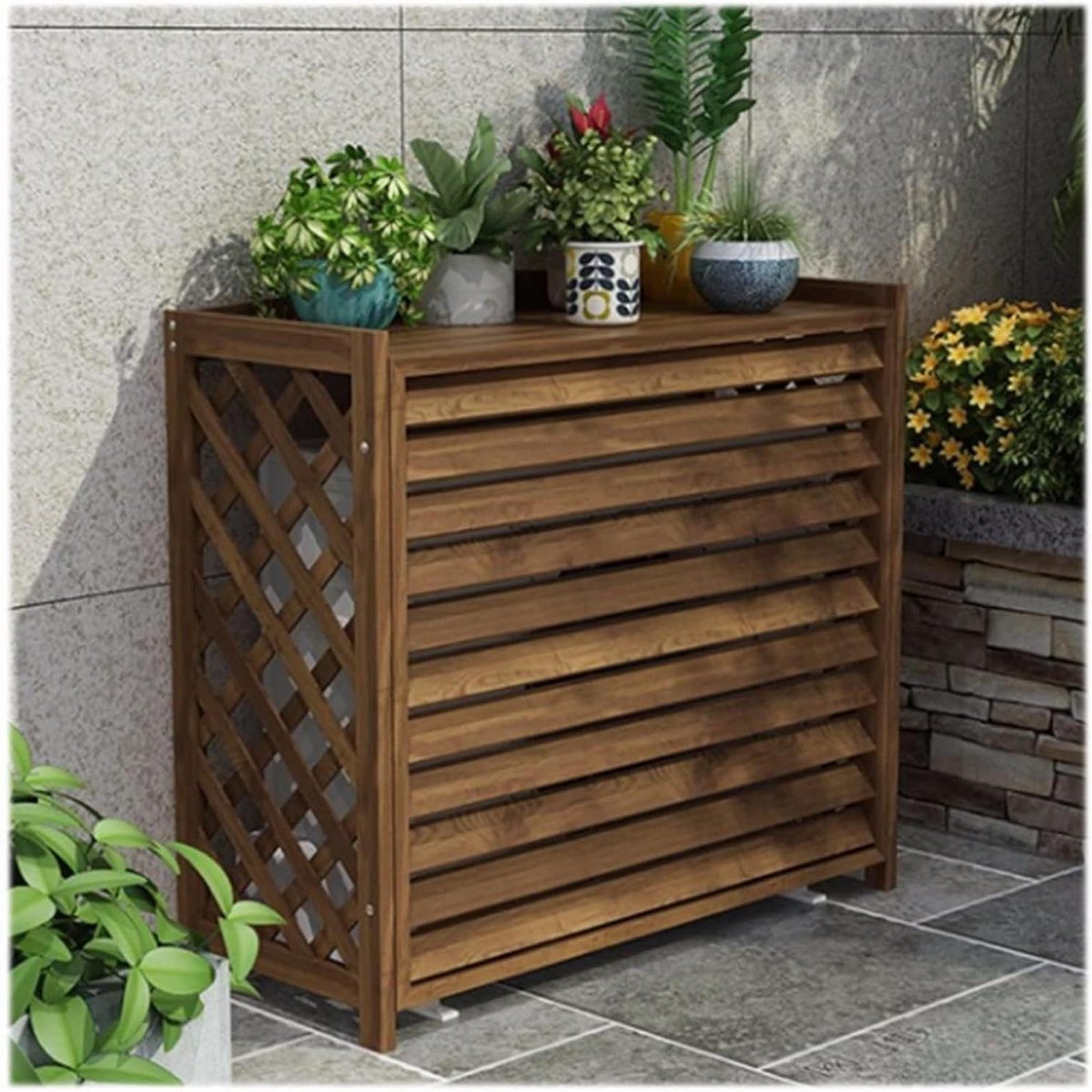 Houten omheining airco - Beschermhoes buitenunit - Tuin decoreren - Geoptimaliseerde luchtstroom - Tot 120cm breed - Houtkleur