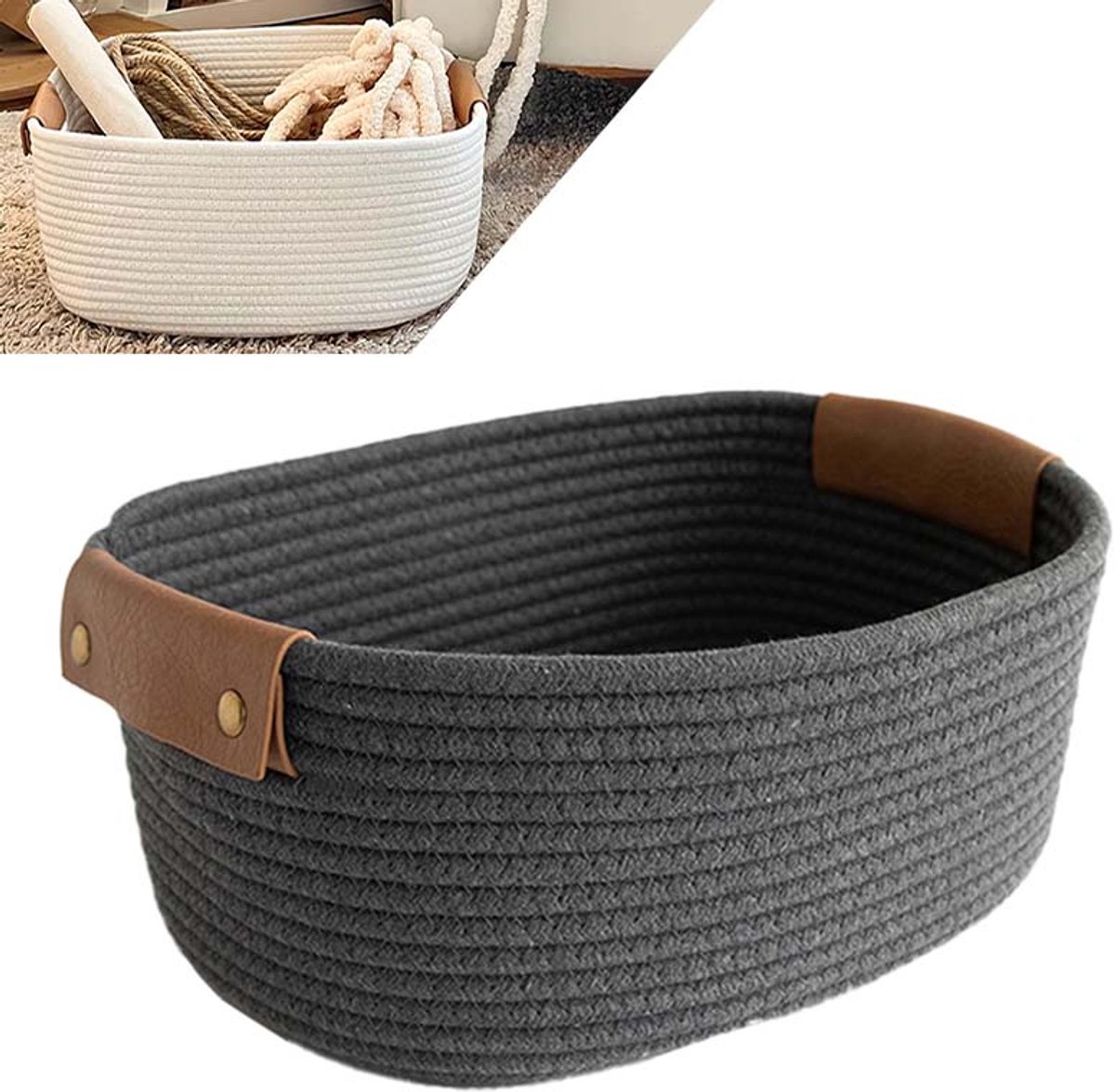 Opbergmand van gevlochten katoen – 28×22×11CM – Voor baby speelgoed, wasgoed & cadeaumand – Grijs