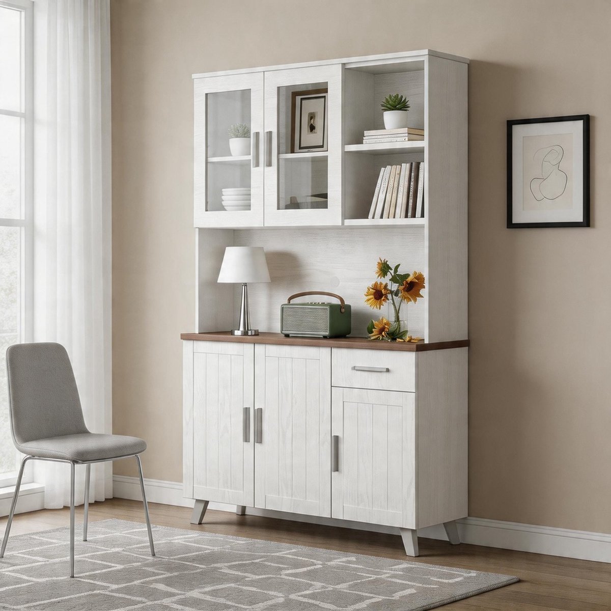 KOMHTOM - Dressoir - Hoge kast met witte houtnerf - Geschikt voor de woonkamer en eetkamer - Afmetingen: 114 x 40 x 190 cm