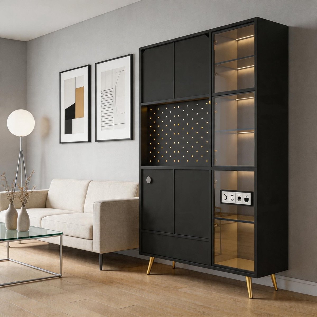 KOMHTOM - Modern dressoir - LED-verlichting - USB-aansluitingen - Stopcontacten - Perforatieplaat - Glazen planken - Lade - Zwart