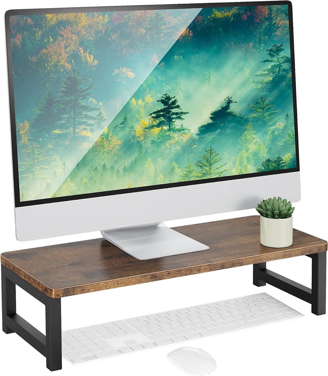 Vintage Monitor Stand voor PC en Laptop, Houten Riser en Desktop Organizer, 55 x 23 x 14cm, Donkerbruin, Ideaal voor Thuis en Kantoor