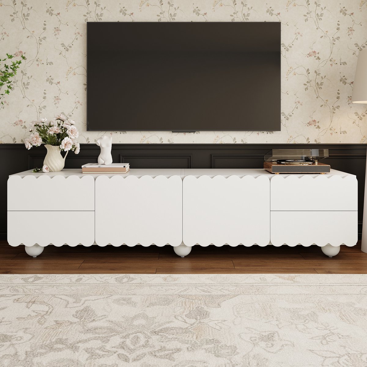 VVBV Tv meubel / Tv kast – met Opbergruimte, Lades – 175x38x37 cm – MDF – Wit – Afmetingen 175x38x37 cm – Moderne Witte TV Kast/Lowboard met TV Paneel White