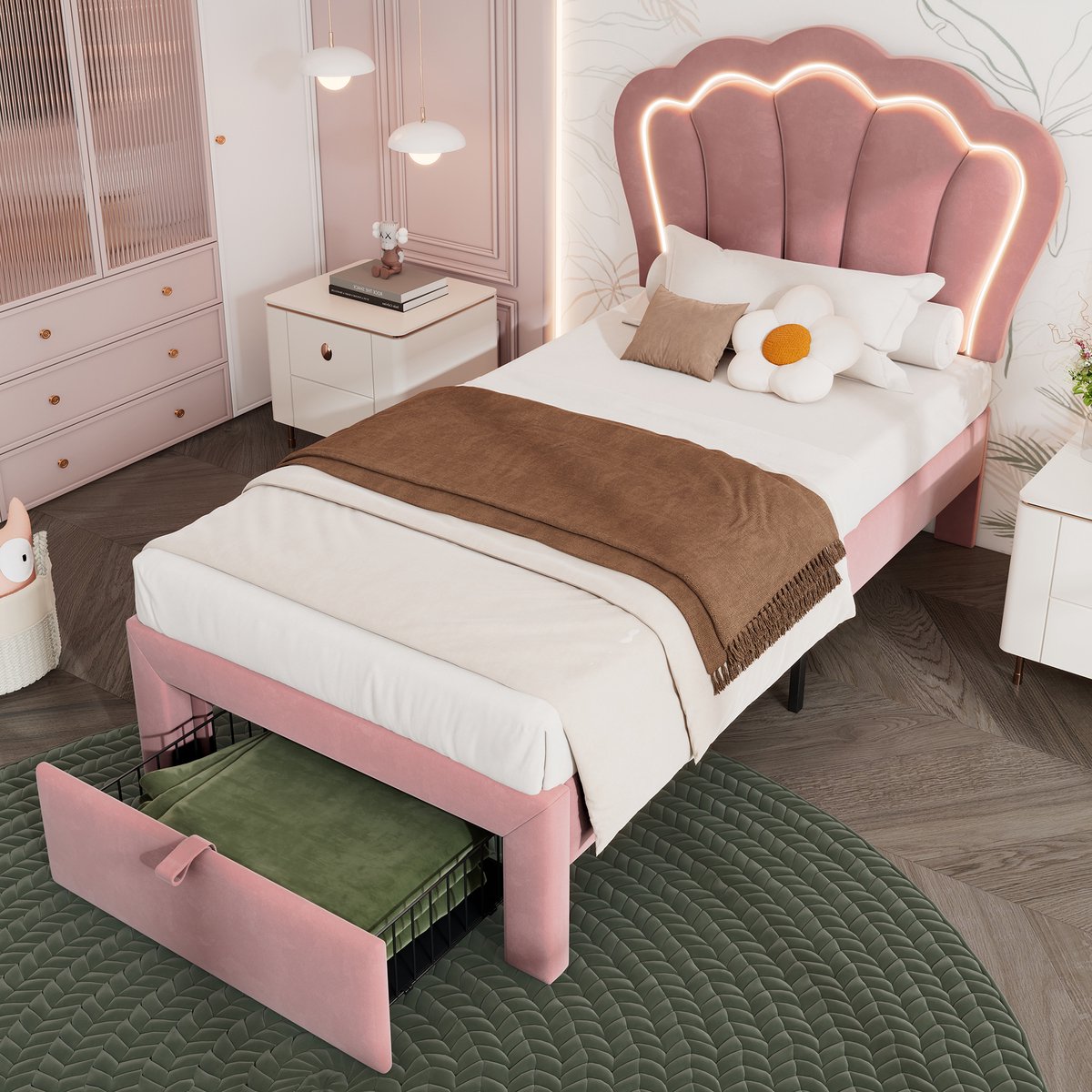 HAUSS SPOLE Kinderbed 90x200 cm - Gestoffeerd Bed Met Led En Lade - Zonder Matras - Verstelbaar Hoofdbord - Fluweel - Roze
