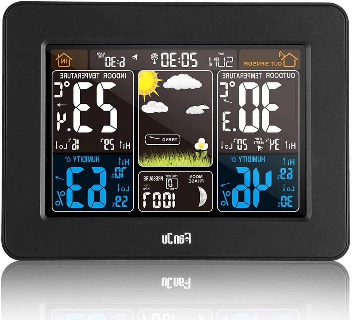 Weerstation Klok - Thermometer Hygrometer - Weersvoorspelling Thuis - Kleurrijk Weericoon - Met Sensor - Houtkleur