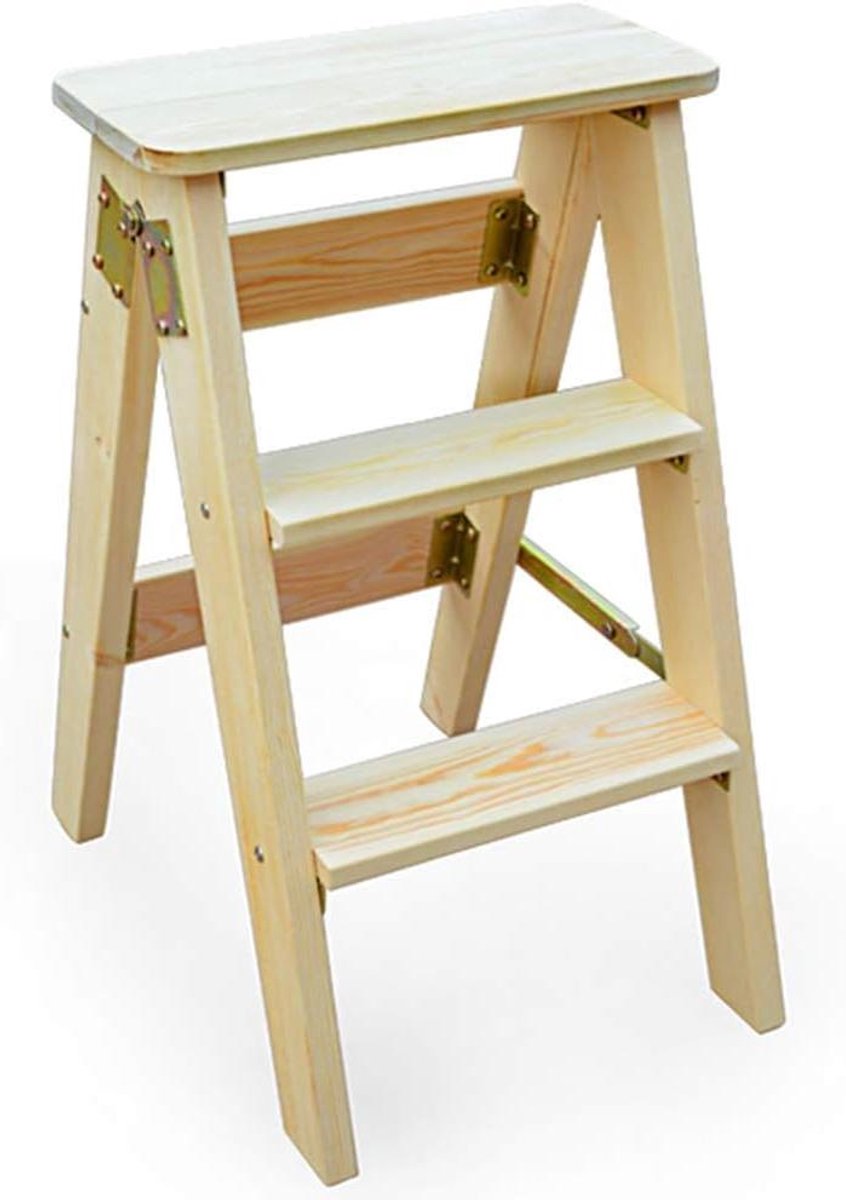 Opvouwbare Houten Kruk - Stapladder Kruk - Klusjes Thuis - Stevig Pijn Hout - 60 cm Hoog - Bruin