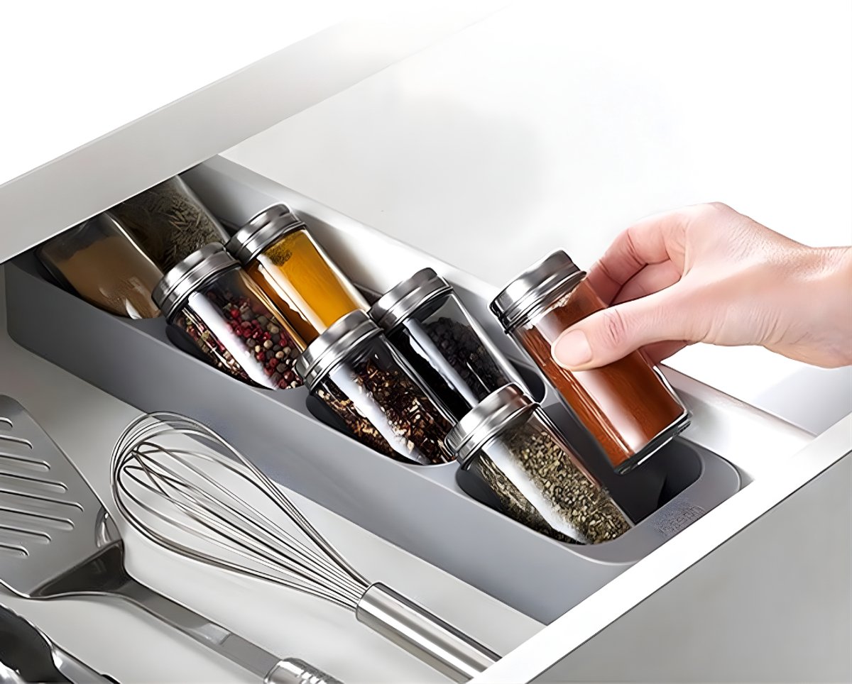 AHD® Kruidenpotjes - Kruidenrek Lade - Kruidenrek Lade Met Potjes - Kruidenrek Lade Organizer - Kruidenrek Voor Lade - Grijs - 10cm x 40cm x 5cm
