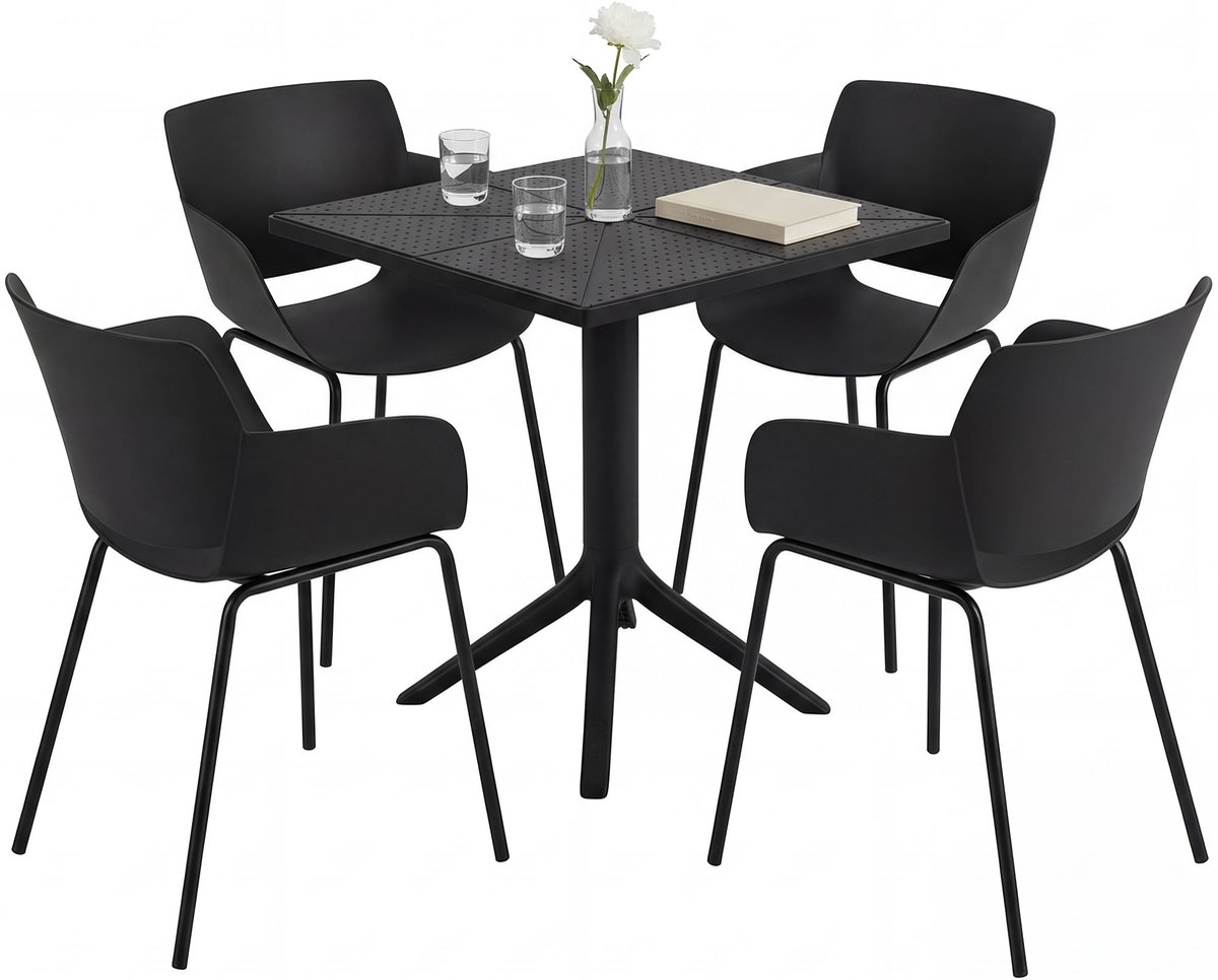 CLP Norva tuinmeubelset - 4 loungestoelen - vierkante tafel - weerbestendige balkonset - voor terras en tuin - zwart